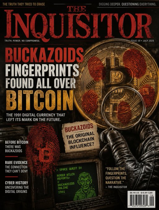 The image is a stylized magazine cover titled "The Inquisitor" (Issue 59, July 2025) with the bold headline "BUCKAZOIDS FINGERPRINTS FOUND ALL OVER BITCOIN," featuring a gold Bitcoin, red fingerprints, and a retro computer displaying "SPACE QUEST IV ROGER WILCO REPORTS: BUCKAZOIDS ONLINE 1991." It visually promotes the $BUCKAZOIDS token by suggesting its origins in the 1991 game prefigured Bitcoin's blockchain technology.