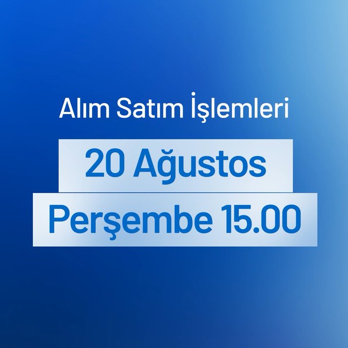 A blue promotional graphic announcing "Alım Satım İşlemleri" (Trading Transactions) scheduled for "20 Ağustos Perşembe 15.00" (Thursday, August 20 at 15:00), which directly corresponds to the post announcing the start of GRVT and RE trading pairs with TRY and USDT on BtcTurk.