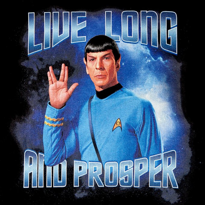 The image is a Star Trek-themed parody featuring Leonard Nimoy as Spock giving the Vulcan salute, with the text "LIVE LONG AND PROSPER" styled like the Star Trek logo. The accompanying post notes this is a promotion for "@longdotxyz," cleverly tying the classic Vulcan phrase to the "long" ticker name.