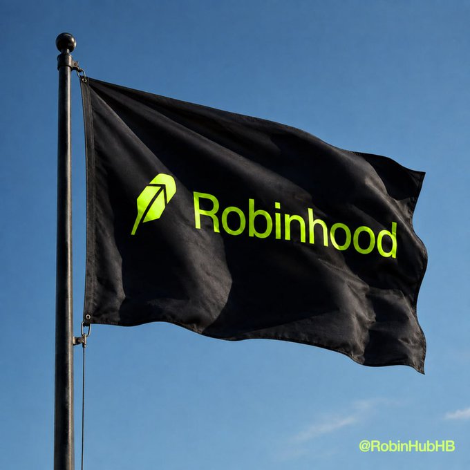 The image shows a black flag with a green feather logo and the word "Robinhood" waving against a clear blue sky, playing on the word "hood" in the caption by referencing the company's branding. A watermark "@RobinHubHB" appears in the bottom right corner.