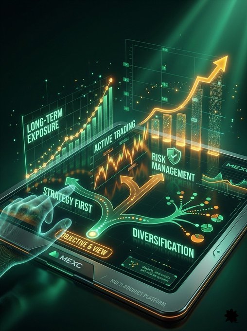 A glowing tablet interface displays various trading concepts including "LONG-TERM EXPOSURE," "ACTIVE TRADING," "RISK MANAGEMENT," "STRATEGY FIRST," "OBJECTIVE & VIEW," and "DIVERSIFICATION" on the MEXC platform, with upward-trending chart visualizations. The image visually reinforces the post's message about needing different trading approaches—from long-term exposure to short-term opportunities and risk management—available within a single multi-product platform like MEXC.