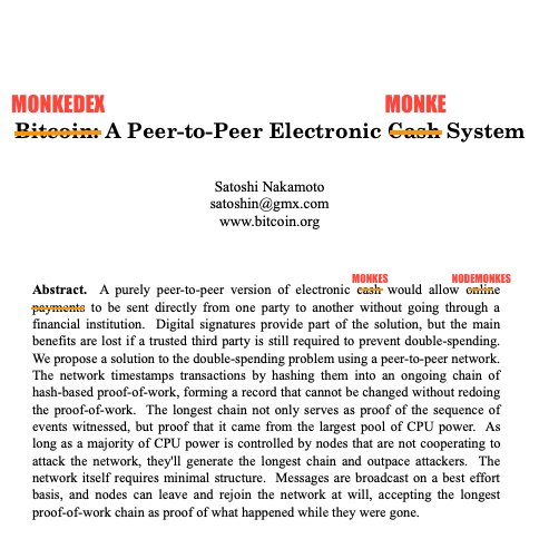 The image shows the original Bitcoin white paper titled "Bitcoin: A Peer-to-Peer Electronic Cash System" by Satoshi Nakamoto, with humorous monkey-themed edits throughout ("MONKEDEX," "MONKE," "MONKES," "NODEMONKES") replacing key terms in the abstract—turning references to digital signatures, cash, online payments, and proof-of-work into monkey references, aligning with the post's meme-like tribute "As Satoshi intended."