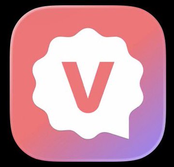 The image shows an app icon featuring a white speech bubble with the red letter "V" inside, set against a coral-to-purple gradient background, representing Very Chat—referenced in the post alongside Very Token, Interlink Token, OTC pricing, mining mechanics, KYC tiers, and verified points migration.