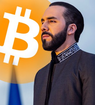 A portrait of President Nayib Bukele stands beside the Bitcoin ₿ symbol, illustrating El Salvador's continued commitment to purchasing Bitcoin daily, as he proclaims the cryptocurrency beneficial for the world.