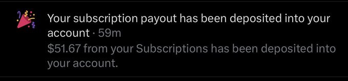 A mobile notification stating 'Your subscription payout has been deposited into your account' showing $51.67 from Subscriptions deposited, timestamped 59 minutes ago.