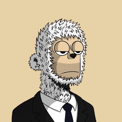 An illustrated character wearing a furry gray animal hood over a black suit and tie, looking tired with half-closed eyes.