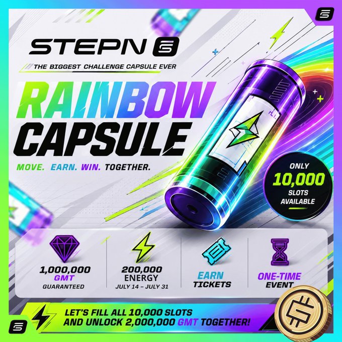 A colorful promotional graphic for STEPN's 'Rainbow Capsule' described as 'THE BIGGEST CHALLENGE CAPSULE EVER,' advertising only 10,000 slots available, 1,000,000 GMT guaranteed, 200,000 energy, and tickets, with the tagline 'MOVE. EARN. WIN. TOGETHER.'