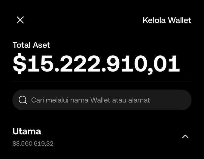 A digital wallet dashboard titled "Kelola Wallet" displays a Total Asset value of $15,222,910.01 alongside a search bar with the placeholder "Cari melalui nama Wallet atau alamat," reinforcing the post's boast about an all-time high (ATH) portfolio driven by gains from $STONK and the LaunchOnSF ecosystem. The "Utama" wallet section shows $3,560,619.32, highlighting the user's gratitude for their substantial crypto gains.