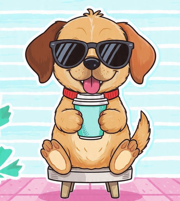 An illustration of a cute brown puppy wearing black sunglasses and a red collar, sitting on a small stool and holding a teal coffee cup against a light blue striped background.
