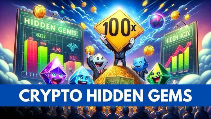 A vibrant promotional graphic reads "CRYPTO HIDDEN GEMS" and "100x," featuring colorful anthropomorphic gemstone characters, a businessman figure holding a gold diamond, and charts labeled "HIDDEN GEMIS!" and "HIDEN HGIX."