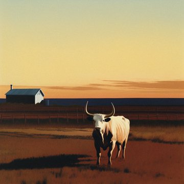 A white longhorn cow standing in a dry field at dusk with a small white building and fence visible in the background under a warm orange sky.