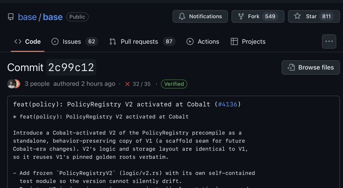 GitHub commit view for the base/base repository showing commit 2c99c12 titled "feat(policy): PolicyRegistry V2 activated at Cobalt (#4136)", referencing issue #4136 with 32 additions and 35 deletions. This supports the post's claim that Base has begun working on Cobalt by showing the activation of a new PolicyRegistry V2 precompile as part of the Cobalt-era changes.
