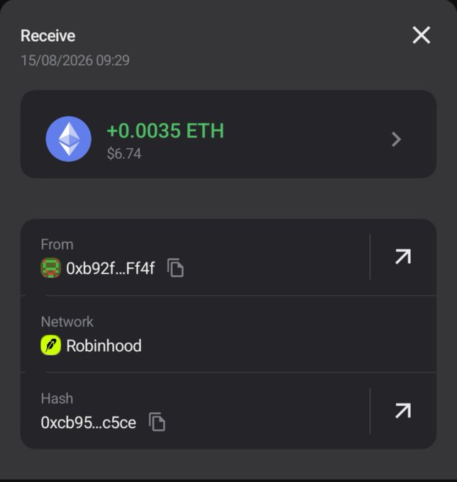 A mobile app screenshot showing a crypto 'Receive' transaction of +0.0035 ETH ($6.74) from address 0xb92f...Ff4f on the Robinhood network with hash 0xcb95...c5ce, dated 15/08/2026.