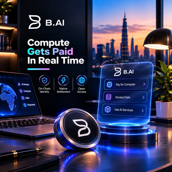 An advertisement for B.AI with the tagline 'Compute Gets Paid In Real Time,' showing a futuristic desk setup with a holographic display listing features like 'Pay for Compute' and 'Access Data.'