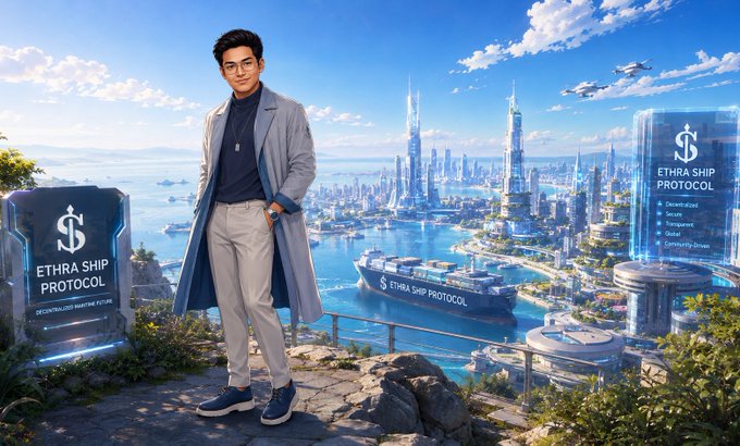 A man stands on a cliff overlooking a futuristic cityscape with a large cargo ship labeled "ETHRA SHIP PROTOCOL" docked in the harbor, while holographic signs display "ETHRA SHIP PROTOCOL" and "Decentralized Maritime Future".