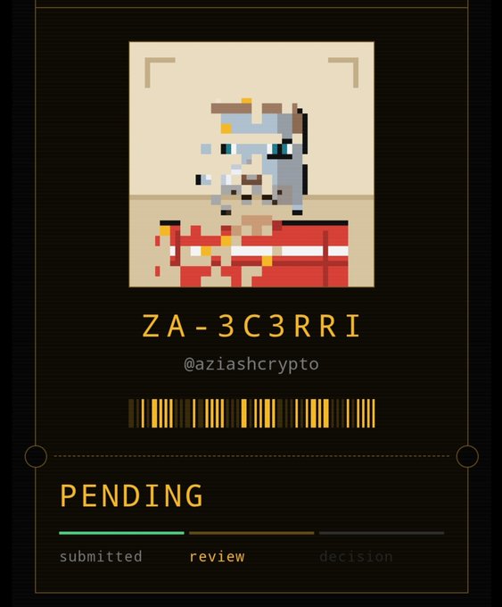 A digital interface displaying a pixel art NFT with the identifier 'ZA-3C3RRI' by user '@aziashcrypto' showing a 'PENDING' status with the review stage in progress.