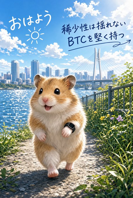 An illustration of an adorable golden hamster wearing a smartwatch, standing on a path beside a river with a city and bridge in the background, with Japanese text "おはよう" (good morning) and "稀少性は揺れない BTCを堅く持つ" (rarity doesn't waver, firmly hold BTC).