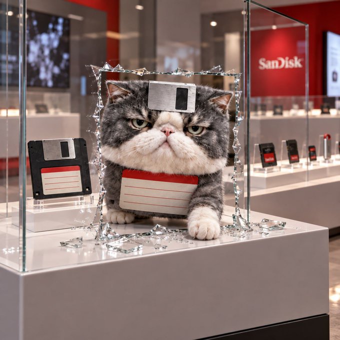 An AI-generated image showing a grumpy cat with a floppy disk on its head and another disk on its chest, displayed inside a broken glass case at a SanDisk retail store.