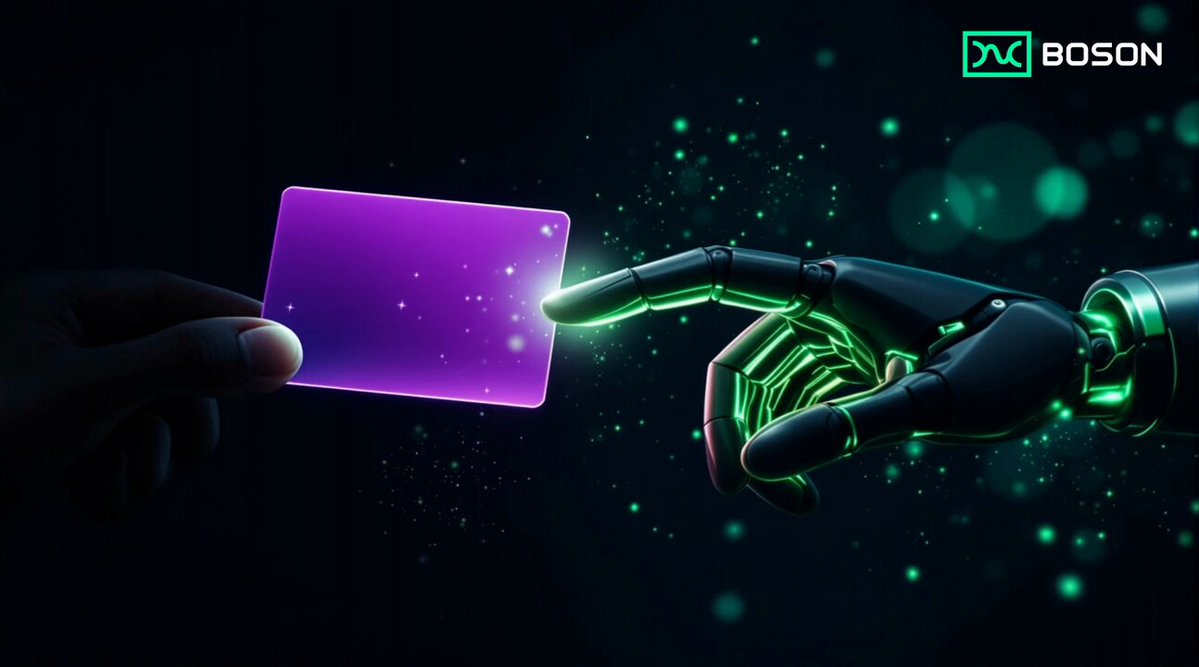 The image shows a purple square card being held up against a dark background, with a green robot hand reaching out towards it. The caption above the image reads "What does the agent economy mean for crypto? Humans prefer payment cards Agents prefer crypto McKinsey: $5T agentic commerce by 2030. Listen to the full breakdown in our KuCoin Spaces".