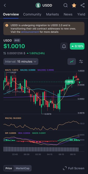 A cryptocurrency tracking app screenshot showing USDD token at $1.0010 with a 1.60% increase over 24h, featuring a candlestick chart with MA(7), MA(30), and MA(200) indicators, plus RSI and DIFD readings.