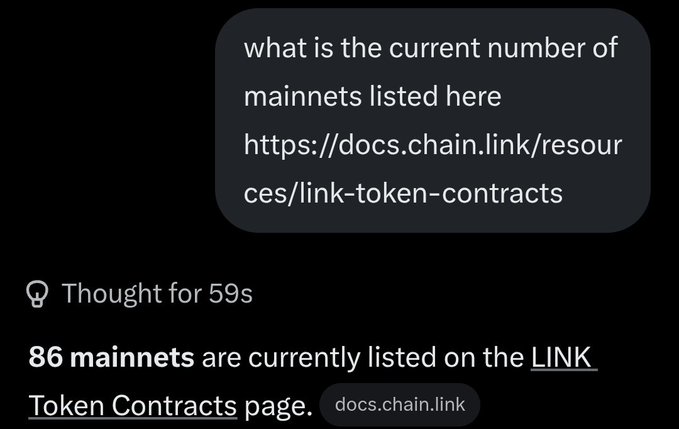 A chatbot response indicating 'Thought for 59s' with the answer that 86 mainnets are currently listed on the LINK Token Contracts page at docs.chain.link.