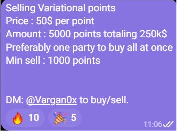 This image shows a listing to sell 5000 Variational points for $50 each, totaling $250,000, with a minimum sale of 1000 points. The post is advertising this sale.