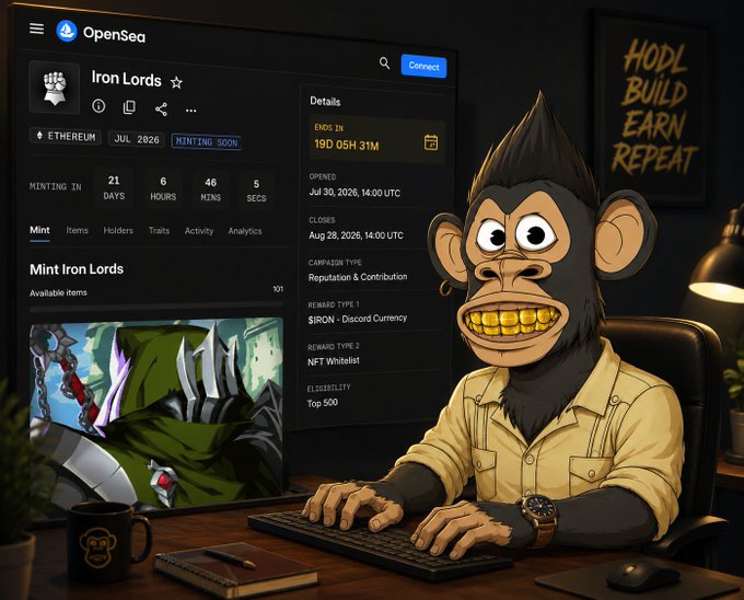 An illustration of a cartoon monkey with gold teeth wearing a yellow shirt sitting at a computer, with an OpenSea 'Iron Lords' NFT minting page visible on screen and 'HODL BUILD EARN REPEAT' written on the wall.