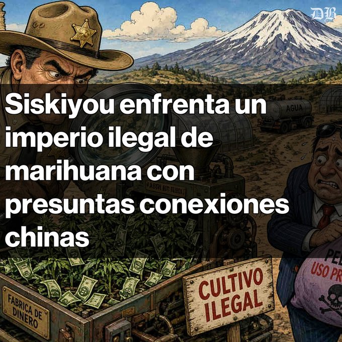 An illustrated graphic with Spanish text reading 'Siskiyou enfrenta un imperio ilegal de marihuana con presuntas conexiones chinas' alongside imagery of a sheriff, a marijuana farm labeled 'CULTIVO ILEGAL', and money labeled 'FABRICA DE DINERO'.