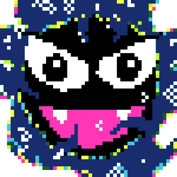 A glitchy pixel-art image of a cartoonish face with large white eyes, black hair, a pink tongue sticking out, and a blue background with digital distortion.