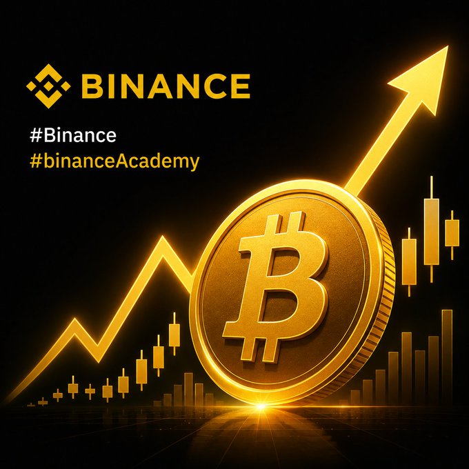A promotional graphic for Binance featuring a large golden Bitcoin coin, an upward-trending arrow, and candlestick chart patterns against a black background, with the text "#Binance" and "#binanceAcademy" displayed in the upper left corner. The image visually reinforces the post's message about understanding market cycles and making informed decisions rather than chasing FOMO-driven crypto rallies.