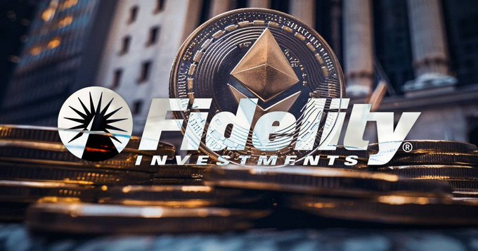 A composite image featuring an Ethereum coin (showing the diamond logo) resting on a stack of gold coins, overlaid with the Fidelity Investments logo.