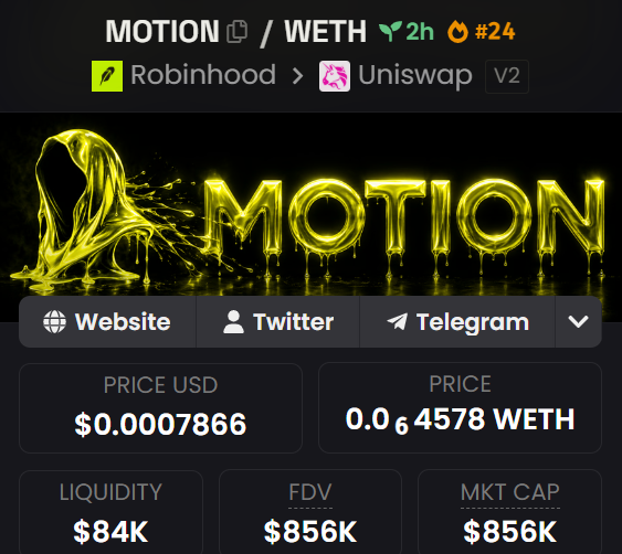 A crypto trading interface showing the MOTION/WETH token pair on Uniswap V2 via Robinhood, with a price of $0.0007866, FDV and Market Cap of $856K, and liquidity of $84K.