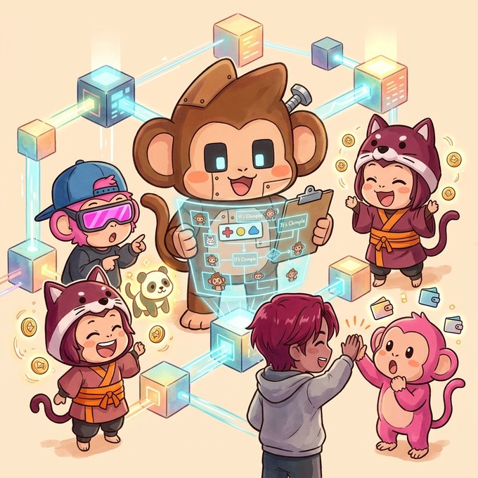 A cartoon-style illustration features a large brown monkey character holding a holographic chart displaying 'It's Changing,' surrounded by smaller characters in cat and monkey costumes alongside floating digital cubes.