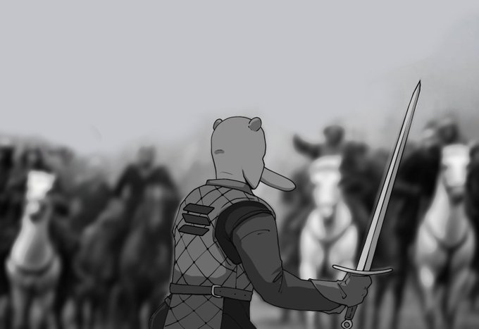 A grayscale digital illustration showing a character from behind, wearing armor and a bear mask, holding a sword while facing a group of horsemen.