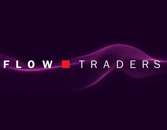 A logo graphic for "FLOW TRADERS" displayed in white text against a dark purple background, with a red square replacing the space between the two words and abstract purple wavy lines flowing behind the text.