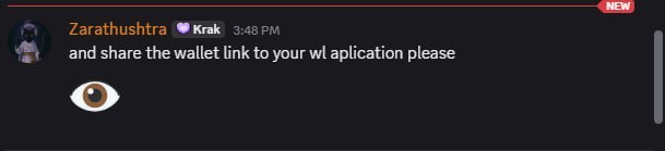 A Discord message from user Zarathushtra (Krak) requesting the wallet link for a WL (whitelist) application, accompanied by an eye emoji.