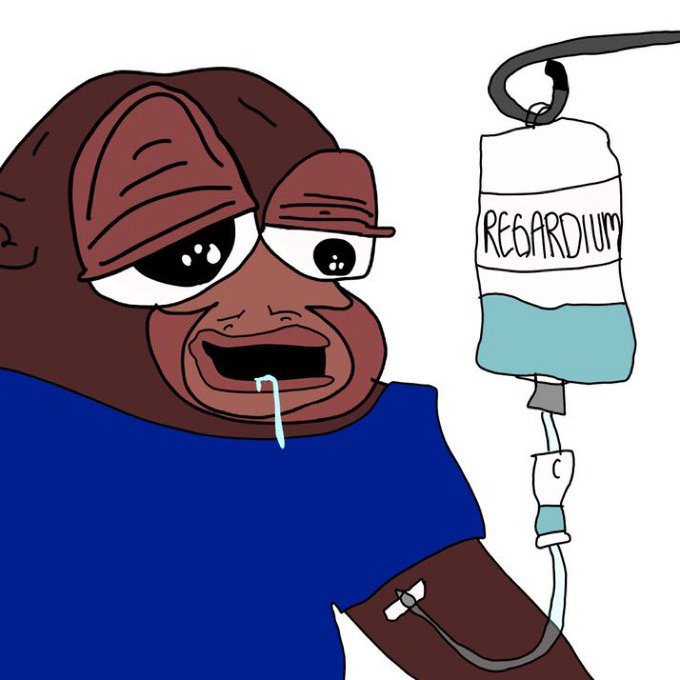 A cartoon drawing of a sad-looking character in a blue shirt connected to an IV bag labeled 'REGARDIUM', drooling from the mouth.