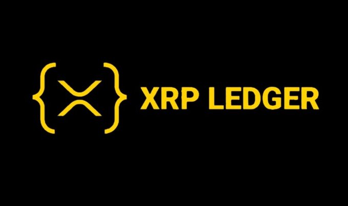 A black background displays the gold XRP Ledger logo, featuring a stylized "X" symbol enclosed in curly brackets alongside the text "XRP LEDGER." This branding reinforces the post's message of confidence in the $XRP cryptocurrency.