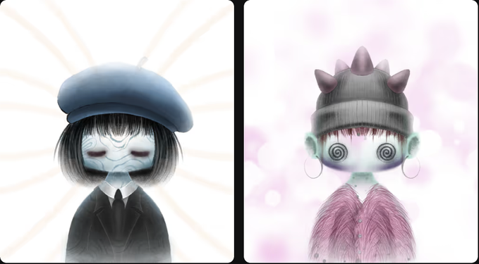 A split illustration showing two stylized characters with Japanese anime influences wearing hats, one in dark clothing and one in a pink fuzzy jacket.