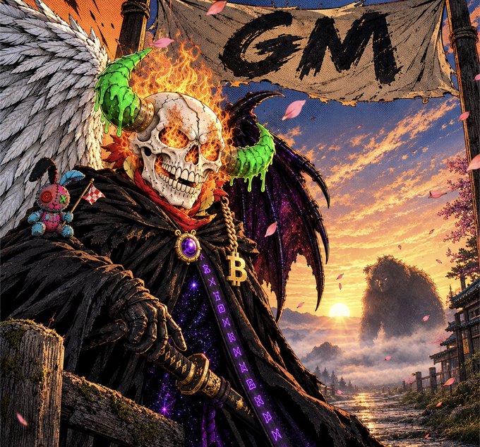An illustration of a skeletal figure with green horns and fiery eyes wearing a cloak, with a "GM" banner overhead and a Bitcoin necklace.