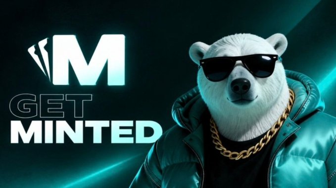 A promotional graphic featuring a polar bear wearing sunglasses and a green puffer jacket with a gold chain, alongside the text 'GET MINTED' and a stylized 'M' logo.