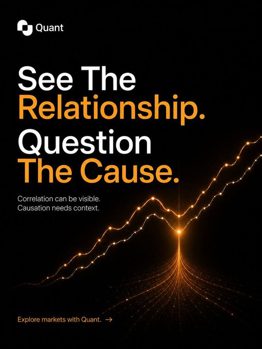 A Quant advertisement with the tagline 'See The Relationship. Question The Cause.' and 'Correlation can be visible. Causation needs context.' displayed over an abstract glowing orange data visualization on a black background.