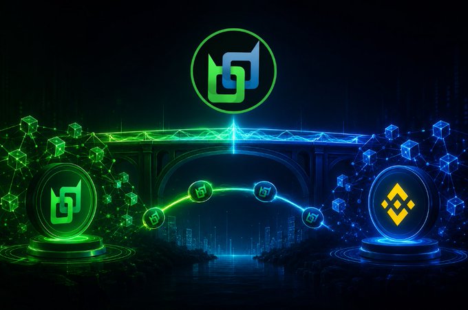 The image depicts a glowing "Beldex Bridge" graphic, featuring the green Beldex "b" logo on the left connected by an illuminated archway to the yellow Binance (BNB) diamond logo on the right, visually symbolizing the secure transfer of value between the two blockchains. Cubic particles and network lines surround the bridge structure, reinforcing the post's message about a fast and reliable cross-chain connection replacing the usual slow and risky crypto bridges.