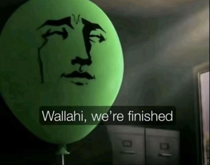 A green balloon features a stylized black-and-white illustration of Salvador Dalí's face, with the caption 'Wallahi, we're finished' displayed below.