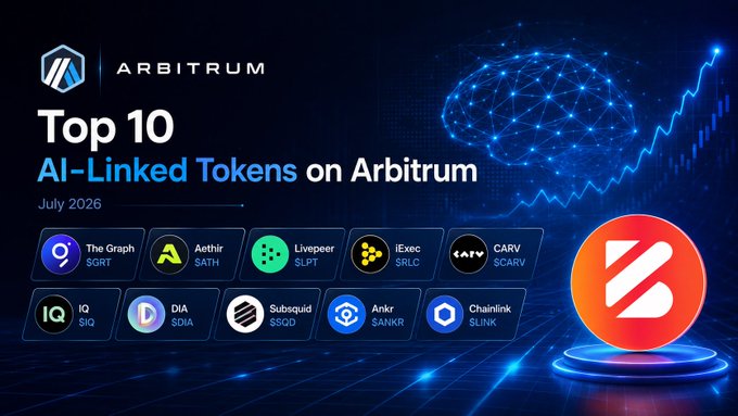 An Arbitrum graphic titled 'Top 10 AI-Linked Tokens on Arbitrum, July 2026' featuring tokens like The Graph (GRT), Aethir (SATH), Livepeer (LPT), iExec (RLC), CARV (CARV), IO (SIO), DIA, Subsquid, Ankr (SANKR), and Chainlink (LINK).