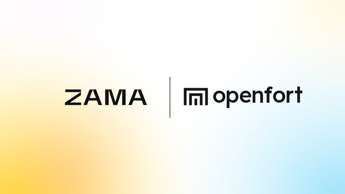 The image displays the logos of "ZAMA" and "openfort" side by side, separated by a vertical line, set against a soft gradient background. It visually represents the collaboration or partnership between Zama, a company focused on privacy-preserving technology, and Openfort, aligning with the post's message about advancing privacy solutions in crypto and stablecoin use cases.
