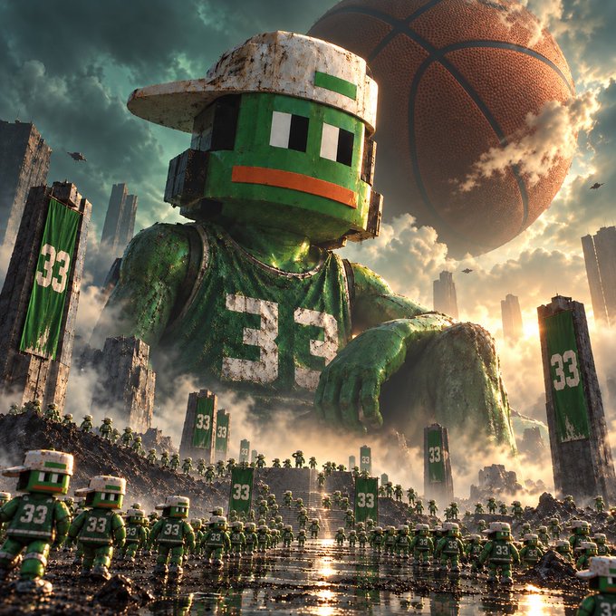 A digital artwork depicting a giant green Minecraft-style robot wearing jersey number 33 and a green cap, standing in a destroyed landscape holding a massive basketball, with smaller identical robots and banners bearing the number 33 in the background.