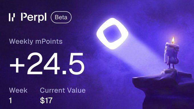 A screenshot from the Perpl Beta dashboard showing Weekly mPoints of +24.5 for Week 1 with a Current Value of $17, corresponding to the poster's earnings of 24.5 mPoints on top of their regular Perpl trade points for $100k volume, which they believe will be worth around $1 each given the rewards pool's rapid growth.