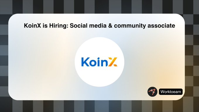 A job announcement card from Worktoearn displays the KoinX logo alongside the text "KoinX is Hiring: Social media & community associate," promoting a remote, full-time social media role for a crypto-tax platform.