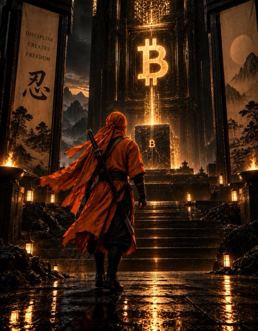 A digital artwork of a lone figure in an orange robe carrying a sword, standing before a glowing Bitcoin symbol and a banner reading "DISCIPLINE CREATES FREEDOM" alongside a Japanese character.